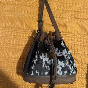 Brown and Black Cowhide Bucket Bag